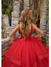Red Lace Tulle Ruffle Floor Length Flower Girl Dress